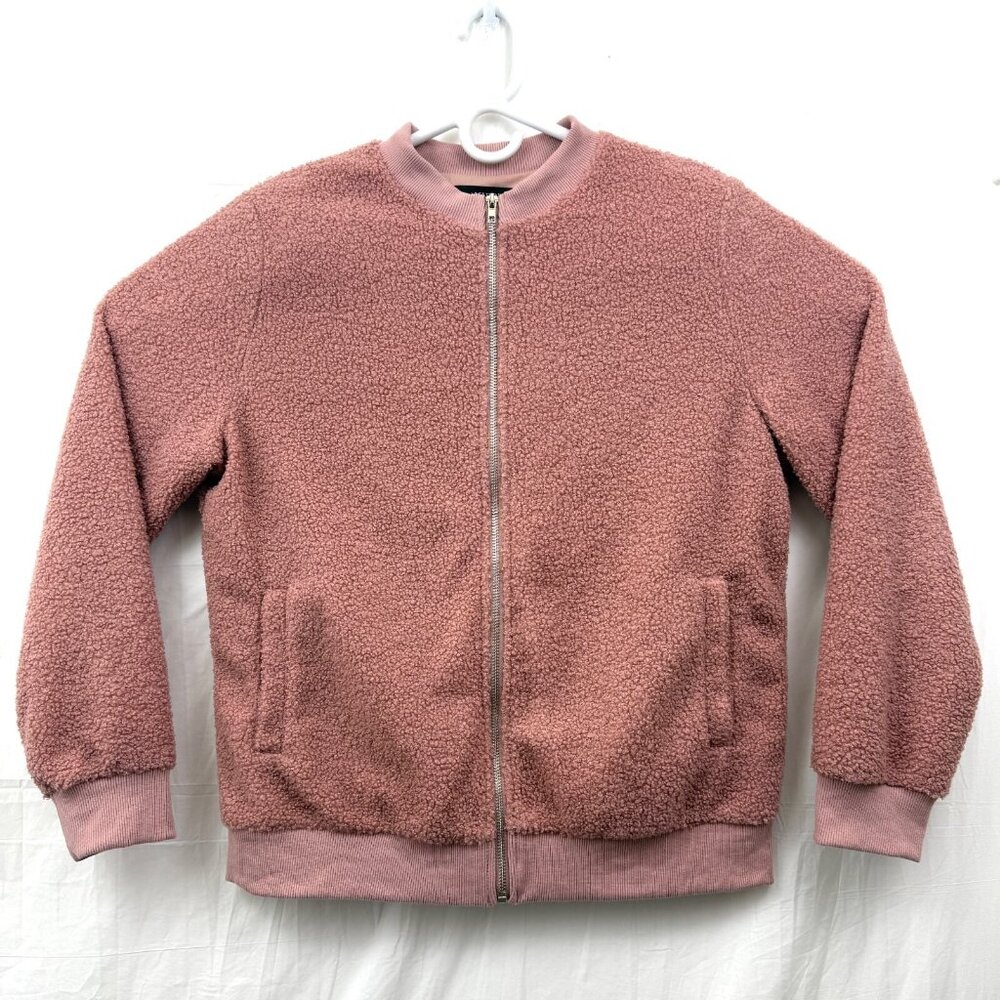 Sherpa Fleece Jacket Long Sleeve Casual Zip Up Bomber Coat Women L Pink MIROL
